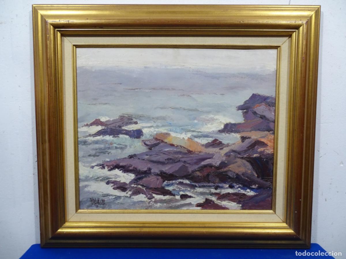 Art: &Oacute;LEO SOBRE TELA DEL PINTOR MURCIANO CAYETANO TOLEDO PUCHE. PAISAJE ROCAS EN EL MAR.