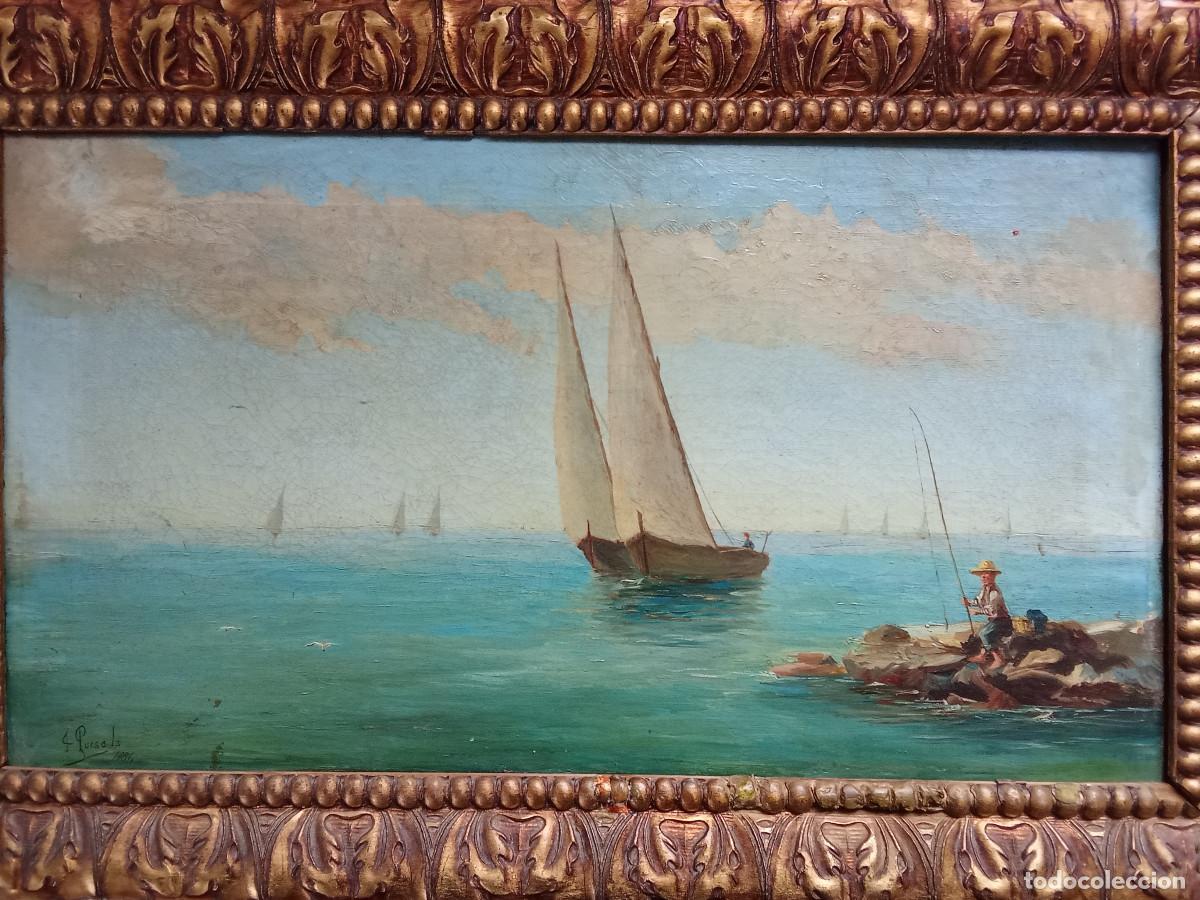 Arte: JOAQU&Iacute;M PURSALS FORMENT - MARINA CON PESCADOR Y VELEROS-