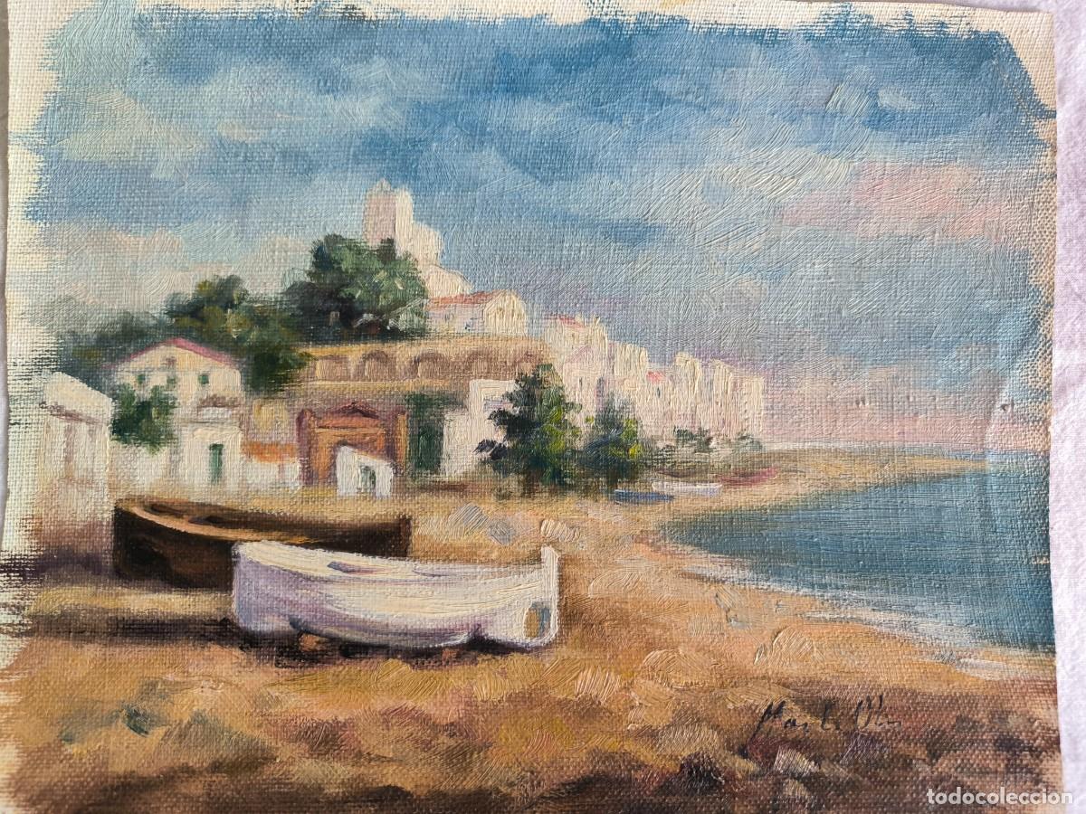 Arte: Serie de tres marinas, oleo sobre tela, firma Mart&iacute; Olive