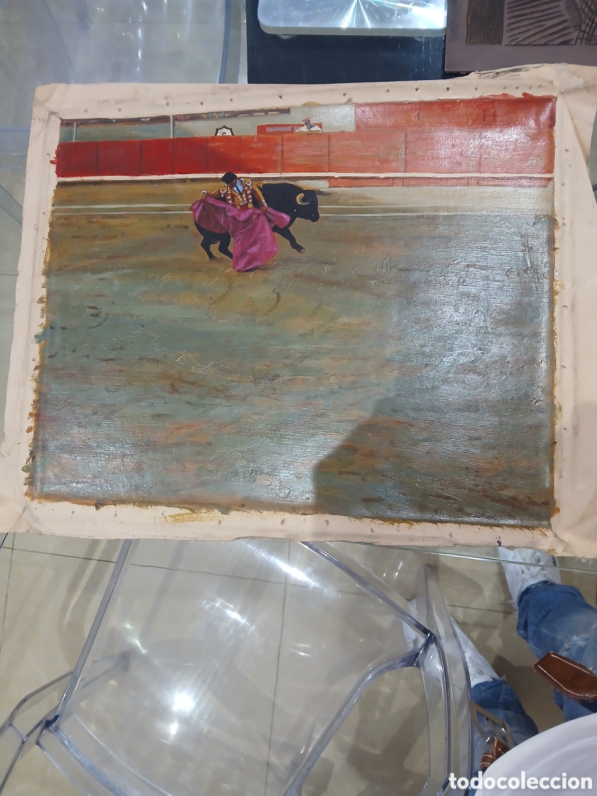 Arte: Cuadro de toros pintura sobre tela sin identificar