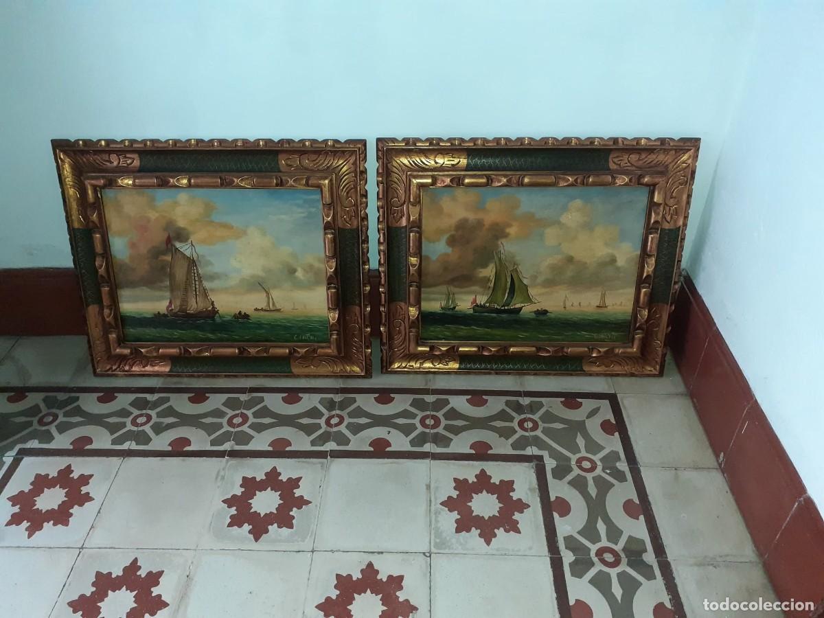 Arte: pareja de cuadros de marinas con preciosa moldura hecha a mano
