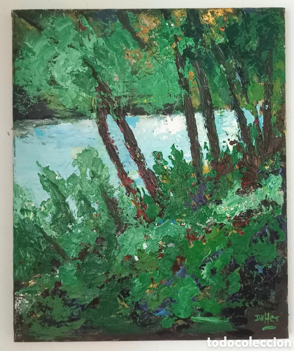 Art: Magn&iacute;fica pintura luminosa con tonos vivos. Encuentros en el r&iacute;o. &Oacute;leo sobre lienzo. Muy empastada.