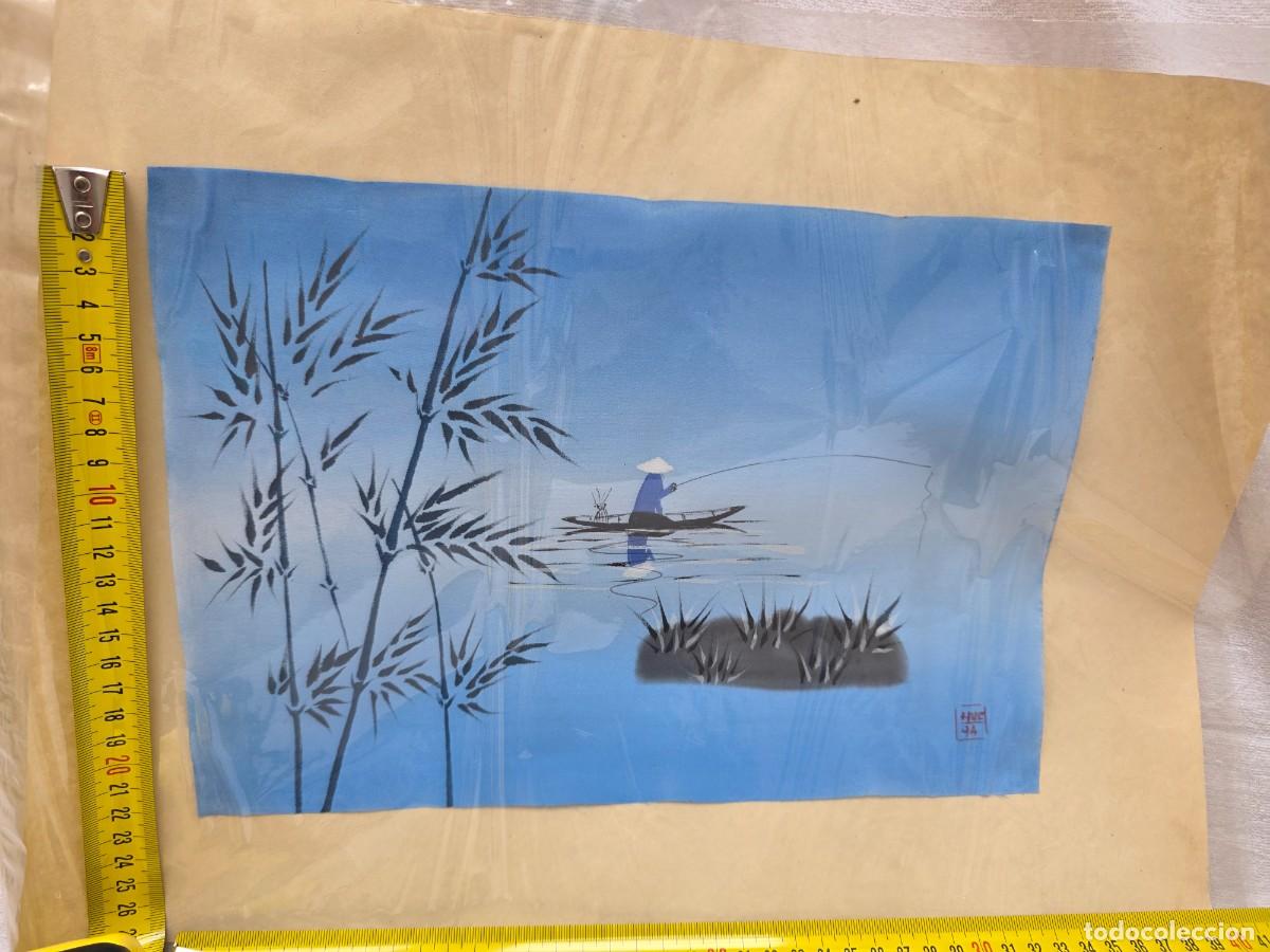 Arte: Pintura oriental sobre seda - Pescador con sombrero c&oacute;nico y bamb&uacute; (A&ntilde;o 94)