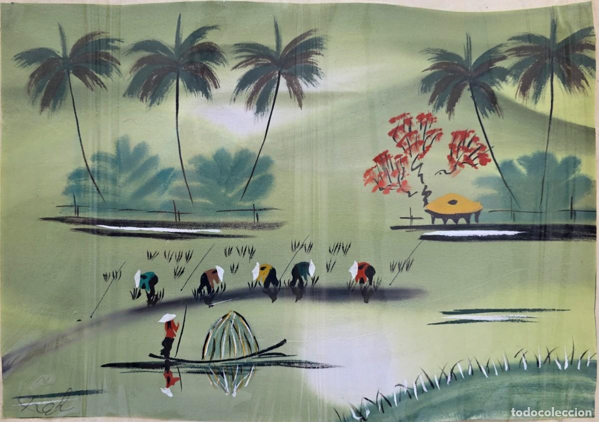 Arte: Pintura oriental sobre seda - Campesinos en el arrozal y palmeras