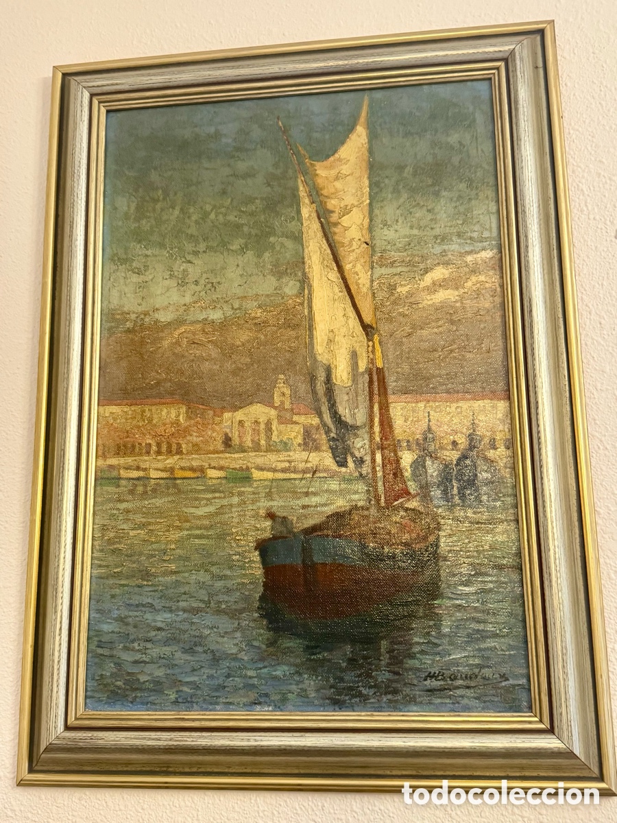 Arte: &Oacute;leo sobre lienzo: Velero en la costa