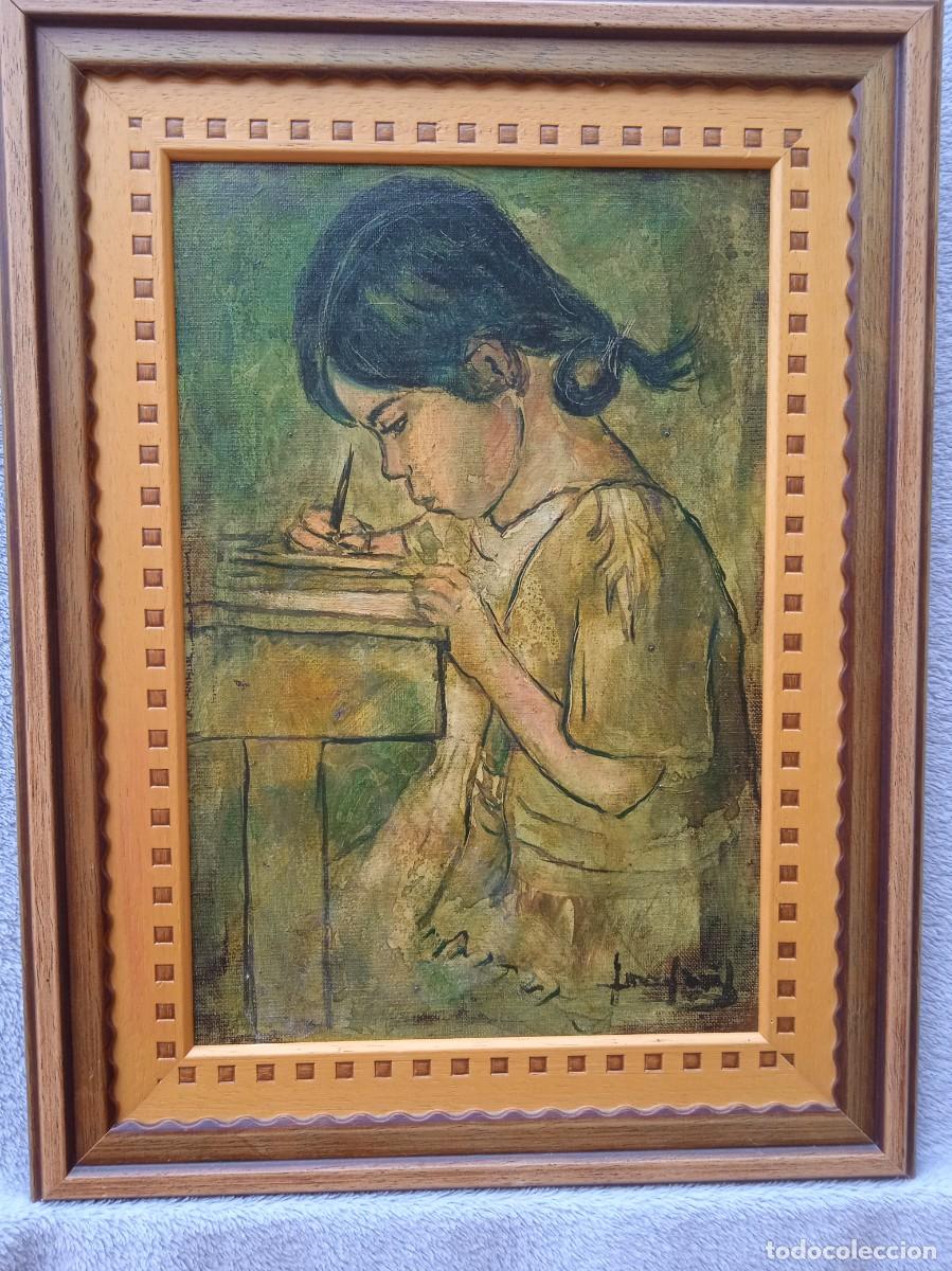 Kunst: NI&Ntilde;A ESCRIBIENDO (&Oacute;leo sobre lienzo de 0,36 X 0,24). Firmado Juan Lu&iacute;s.