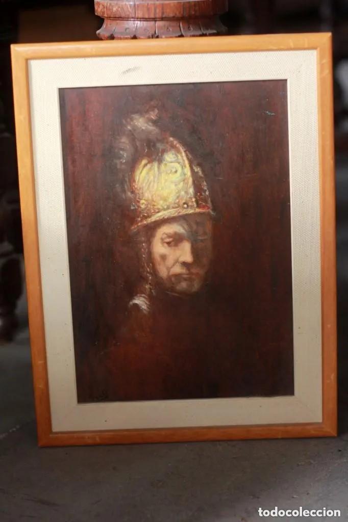 Arte: Escuela Espa&ntilde;ola (Mediados del siglo XX) - El hombre del yelmo dorado (Seg&uacute;n Rembrandt) 29x39cm