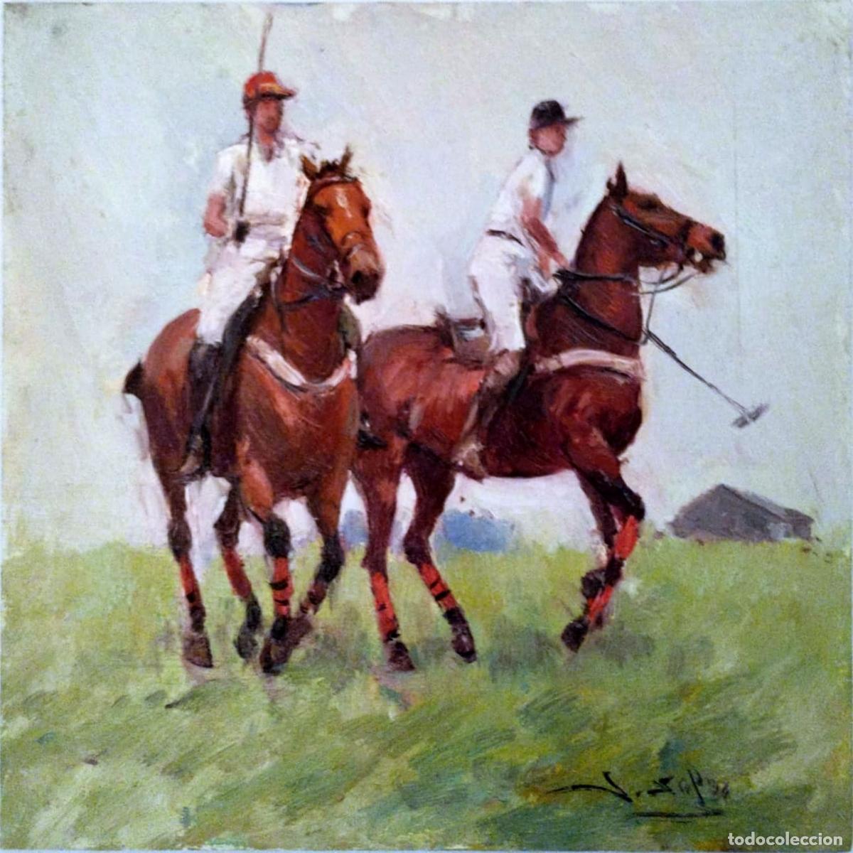 Arte: &Oacute;leo sobre tabla. Jinetes a caballo. Juan Soler. 20 x 20 cm