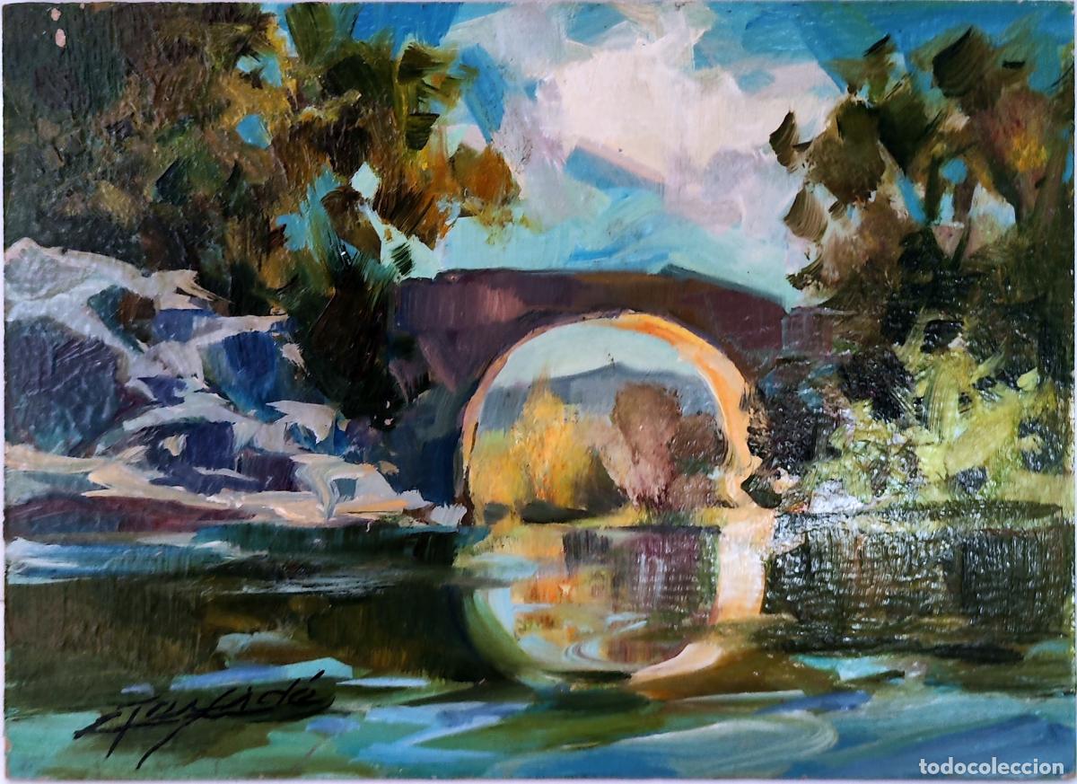 Arte: &Oacute;leo sobre tabla de Gaiet&agrave; Teixid&oacute; i Musach. Paisaje con puente. 22x16 cm