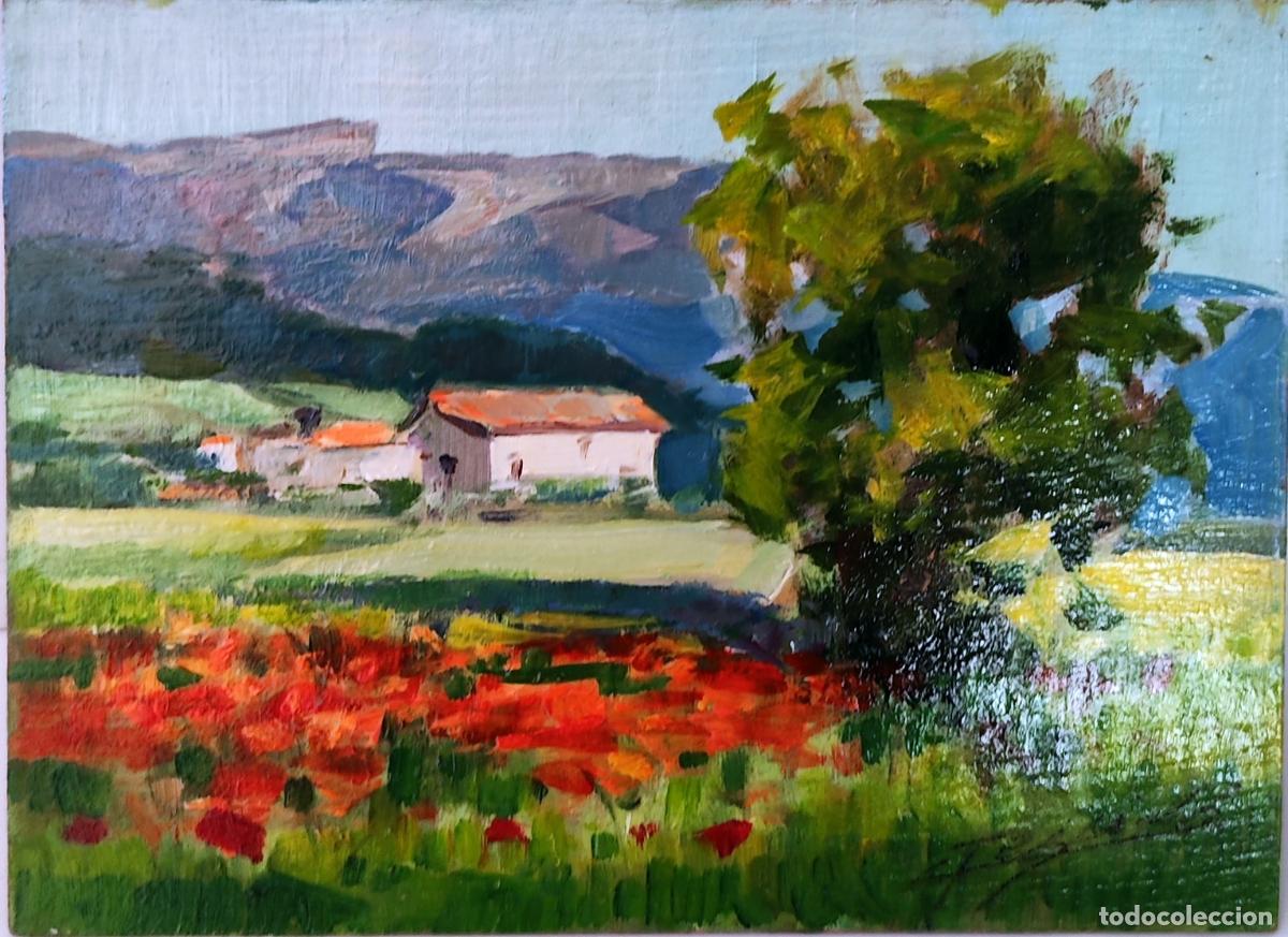 Arte: Paisaje con amapolas. Oleo sobre tabla. Gaiet&agrave; Teixid&oacute; i Musach. 22x16