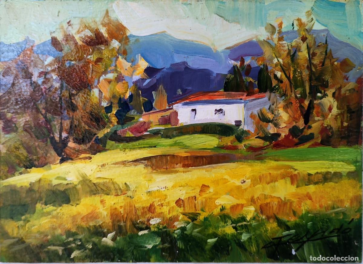 Art: Oleo sobre tabla. Paisaje con masia. Gaiet&agrave; Teixid&oacute; i Musach. 22x16