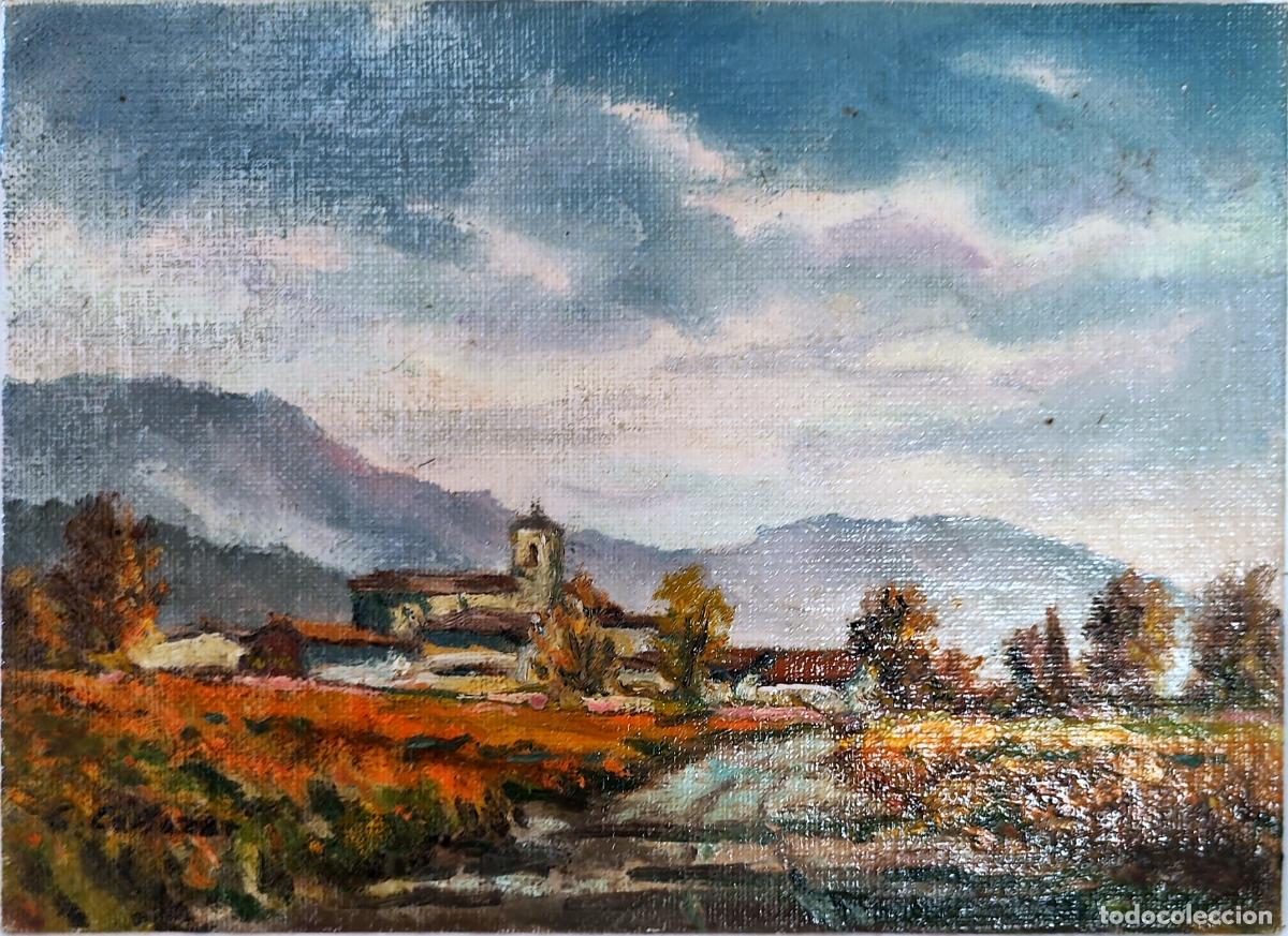Art: Paisaje de pueblo y r&iacute;o. &Oacute;leo sobre tabla. Ram&oacute;n Campo Cortazar