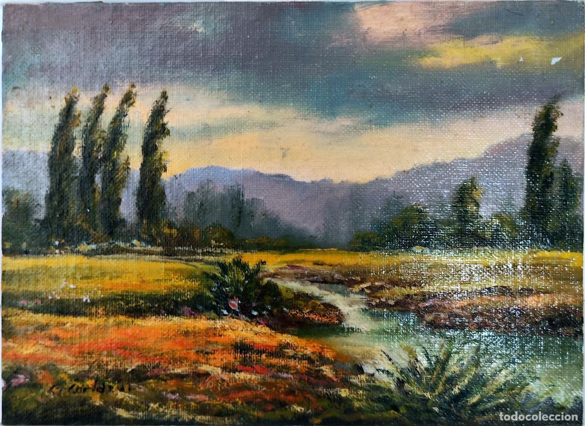 Art: Oleo sobre tabla. Paisaje con chopos y r&iacute;o. Ram&oacute;n Campo Cortazar. 22x16 cm