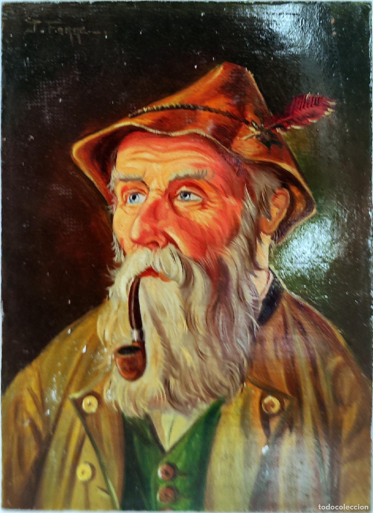 Art: &Oacute;leo sobre tabla. Retrato de cazador. Jose Ferre. 16 x 22 cm