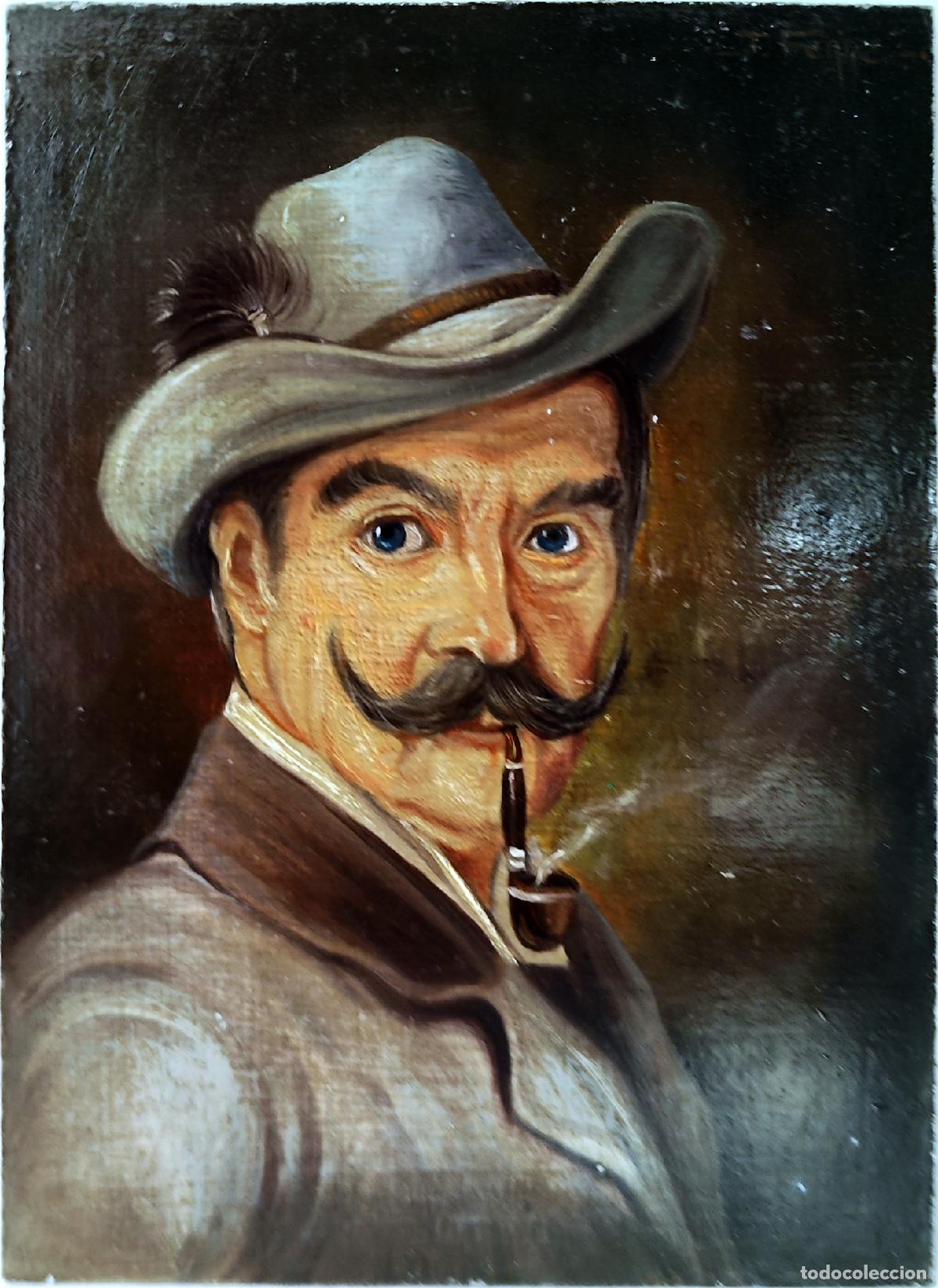 Art: &Oacute;leo sobre tabla. Retrato de hombre con sombrero. Jos&eacute; Ferr&eacute;. 16x22 cm