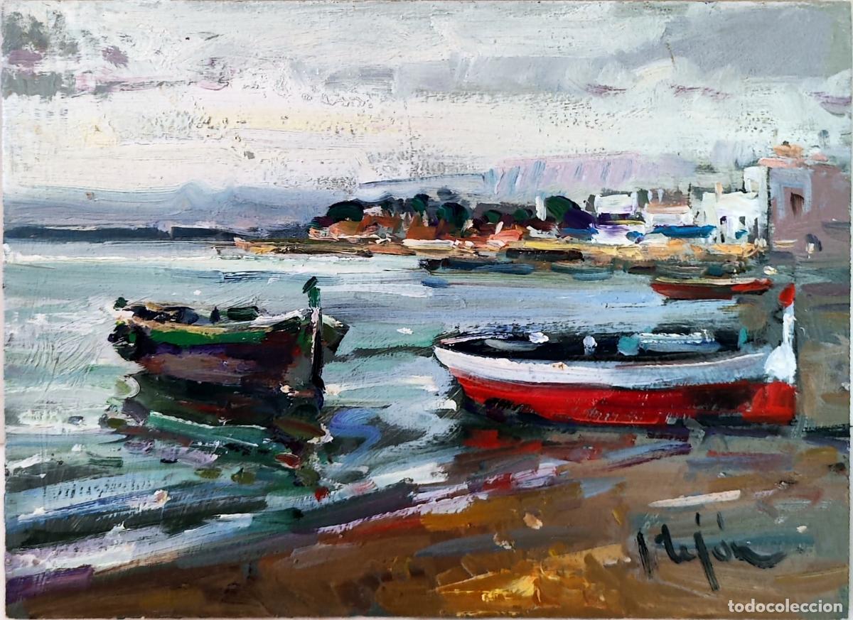 Art: &Oacute;leo de Ignacio Tejon. Paisaje mar&iacute;timo con barcas. 22x16