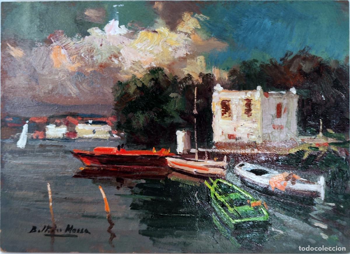 Art: &Oacute;LEO SOBRE TABLA. BARCOS EN PUERTO. ENRIC BELTR&Aacute;N MESSA. 22X16 CM