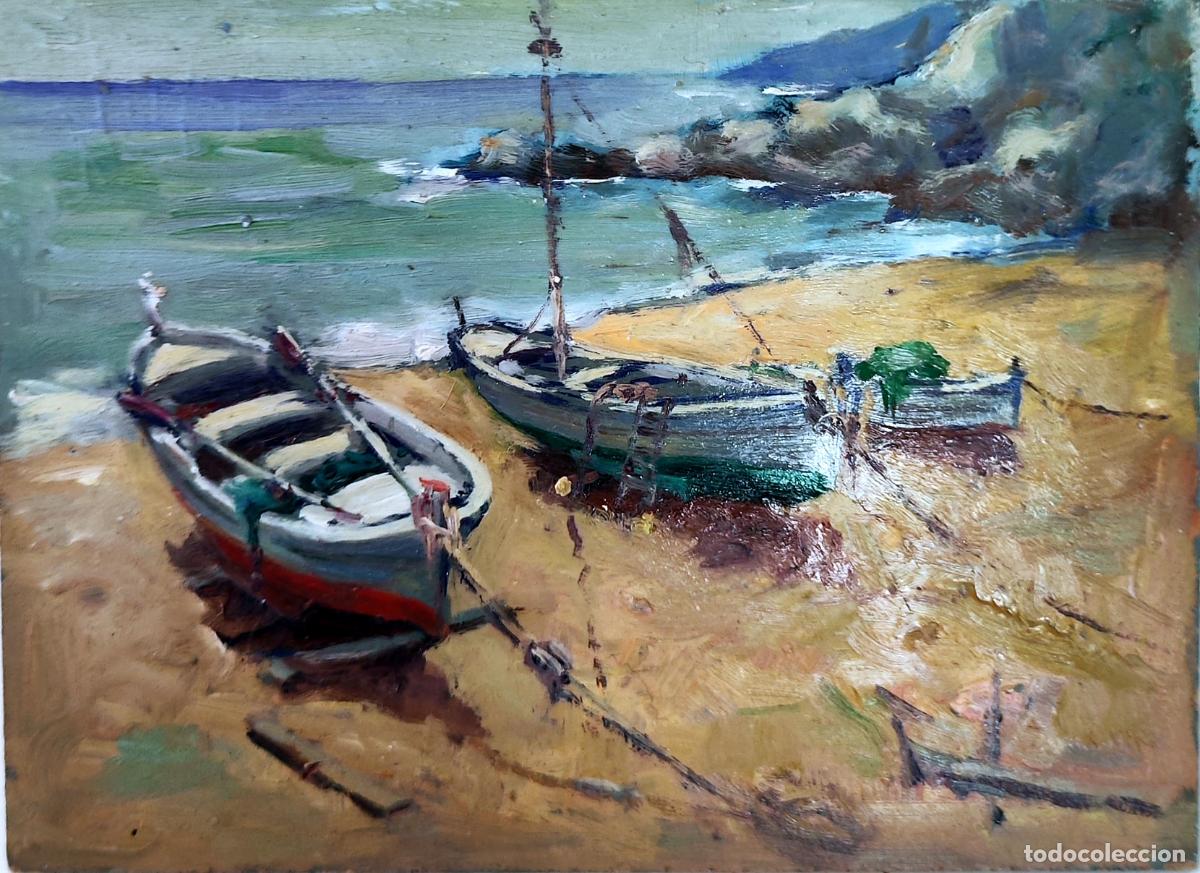 Art: Oleo sobre tabla. Paisaje marino con embarcaciones. Anonimo. 22 x 16 cm