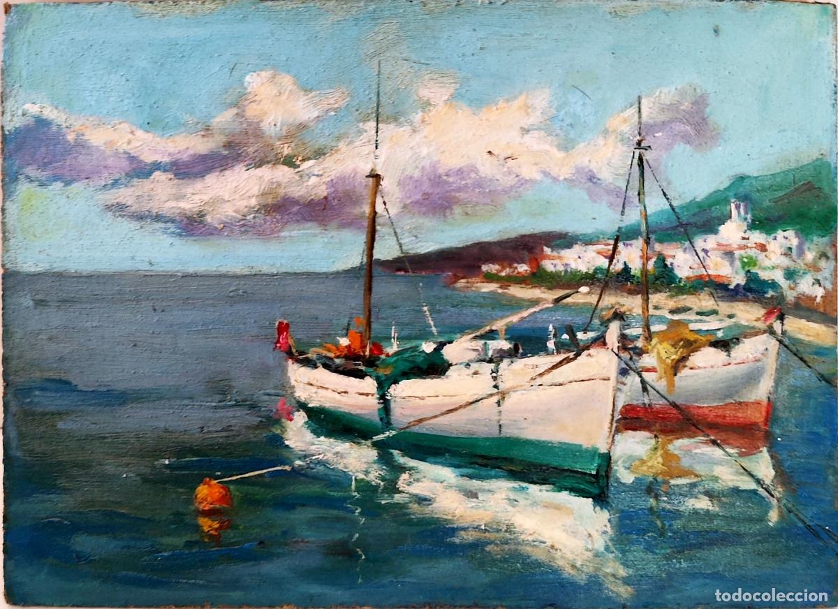Art: Oleo sobre tabla. Barcos en puerto. Anonimo. 22 x 16 cm