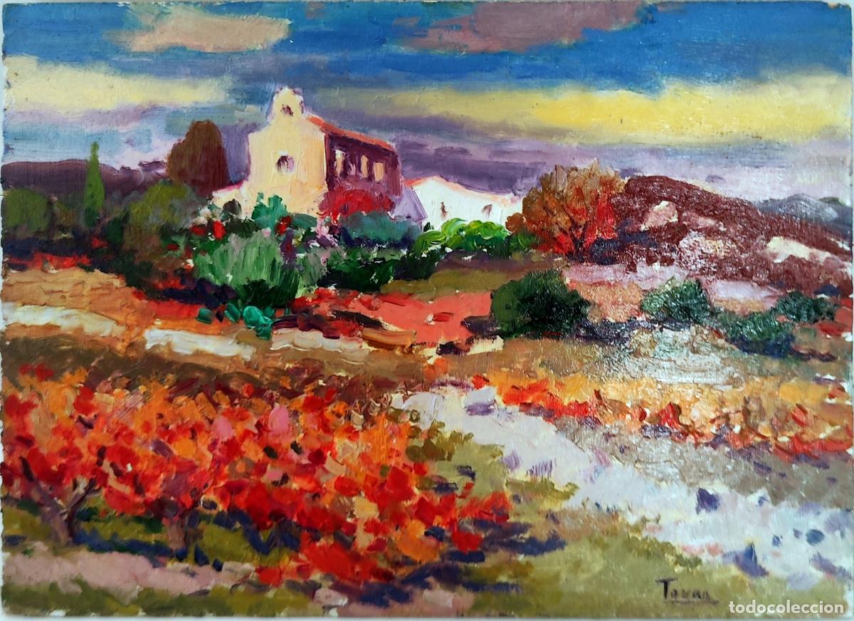 Art: &Oacute;leo sobre tabla. Paisaje mediterr&aacute;neo. Tovar. 22 x 16 cm