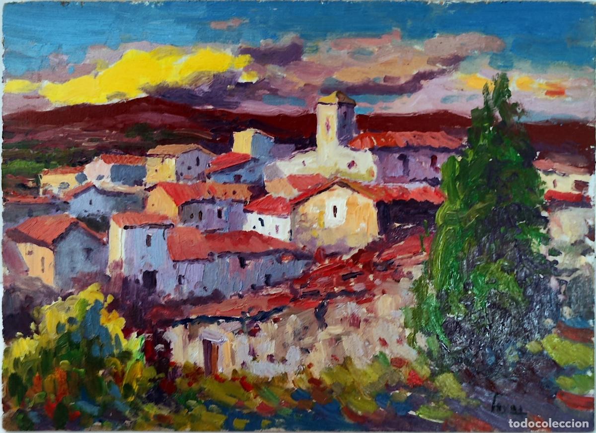 Art: &Oacute;leo sobre tabla de Tovar. Paisaje de pueblo mediterr&aacute;neo. 22 x 16 cm