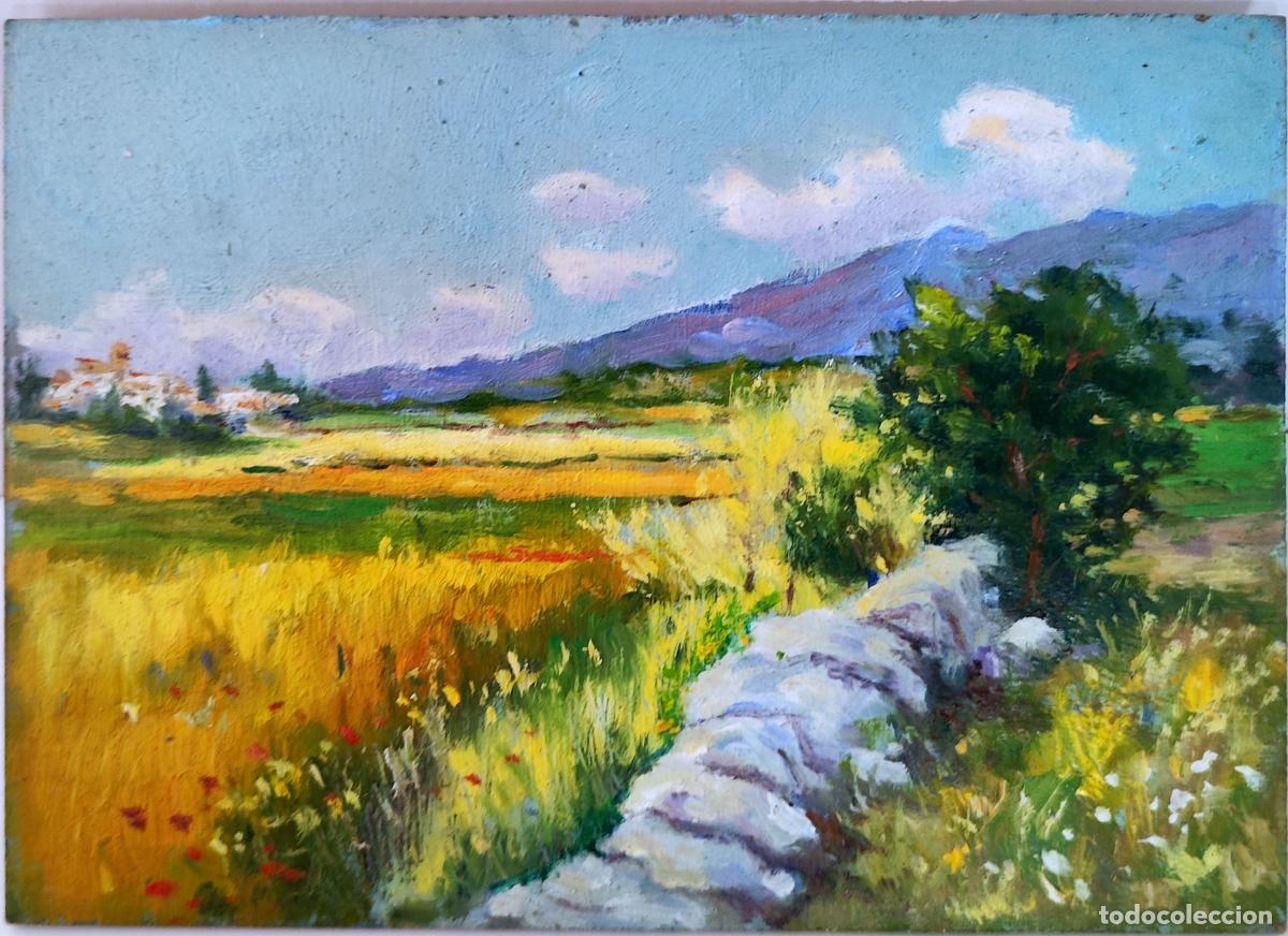 Art: Oleo sobre tabla. Paisaje rural con muro de piedra. Anonimo. 22x16 cm