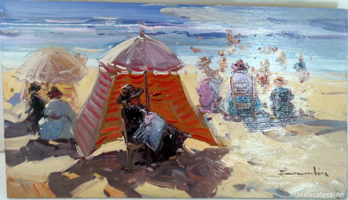 Art: Oleo sobre tabla. Playa con sombrillas. Gabriel Casarrubios. 33x19 cm