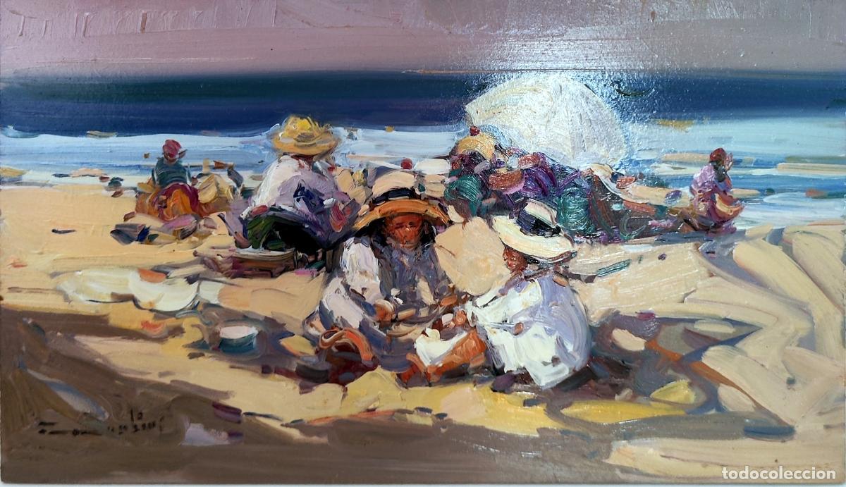 Art: Oleo sobre tabla de Gabriel Casarrubios. Paisaje marino y figuras