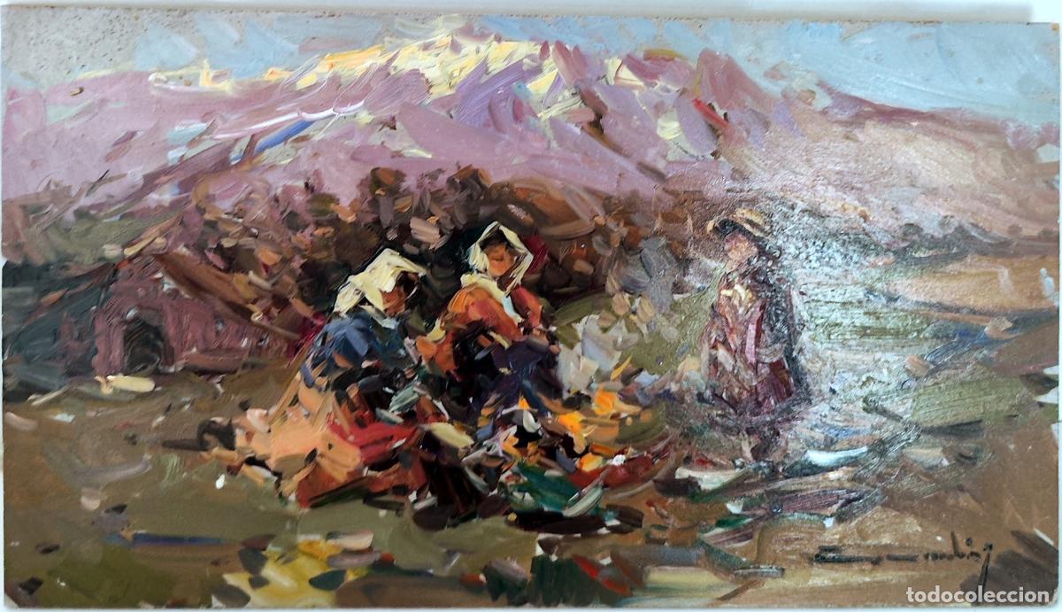 Art: &Oacute;leo sobre tabla de Gabriel Casarrubios. Paisaje con figuras. 33 x 19 cm