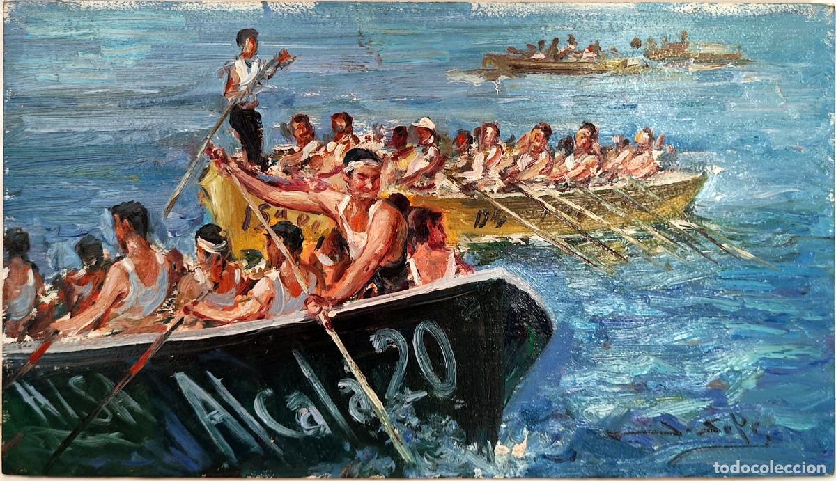 Art: &Oacute;leo sobre tabla. Regata de remos. Juan Soler. 33 x 19 cm