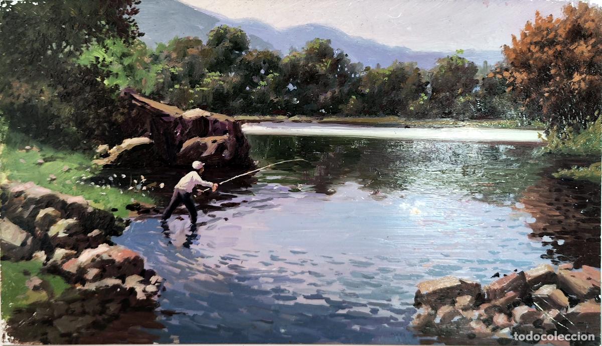 Art: Oleo sobre tabla. Paisaje con pescador. Anonimo. 33 x 19 cm