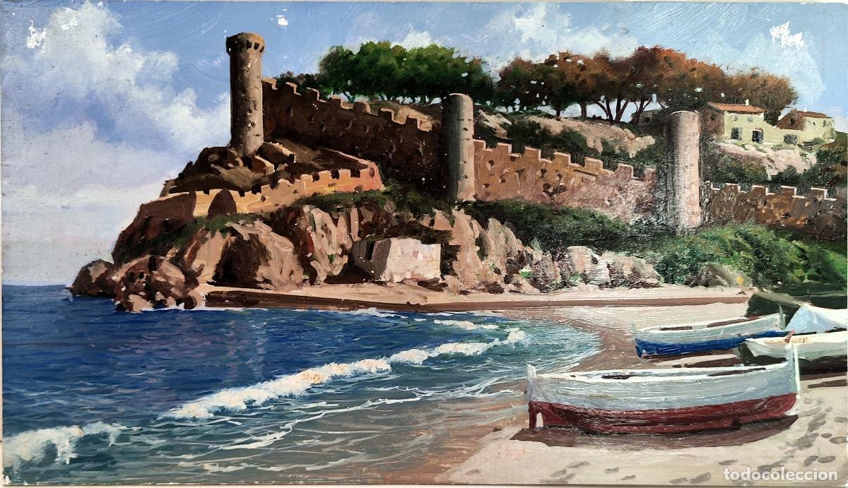 Art: &Oacute;leo sobre tabla. Paisaje mar&iacute;timo con castillo y barcas. 33x19 cm