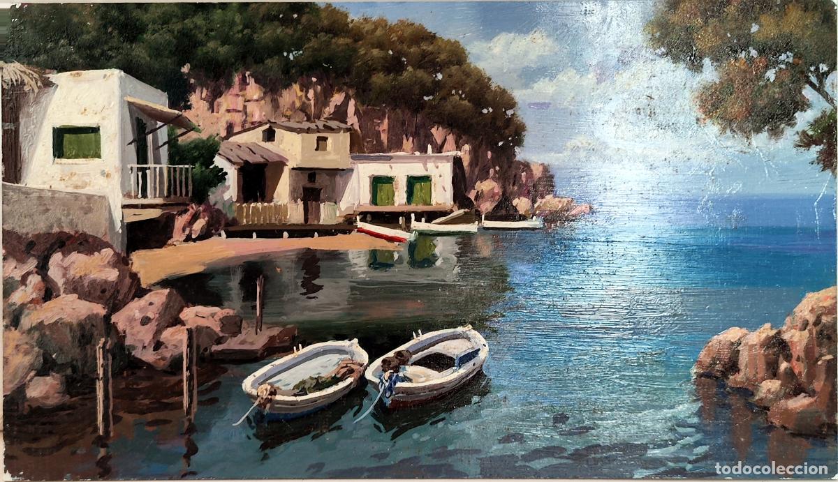 Art: &Oacute;leo sobre tabla. Paisaje mar&iacute;timo con embarcaciones. An&oacute;nimo. 33x19 cm