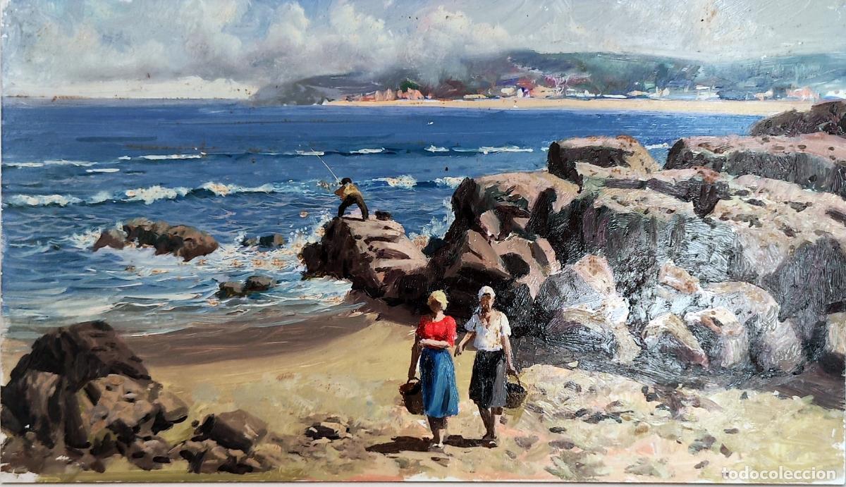 Art: &Oacute;leo sobre tabla. Paisaje marino con figuras. An&oacute;nimo. 33x19 cm