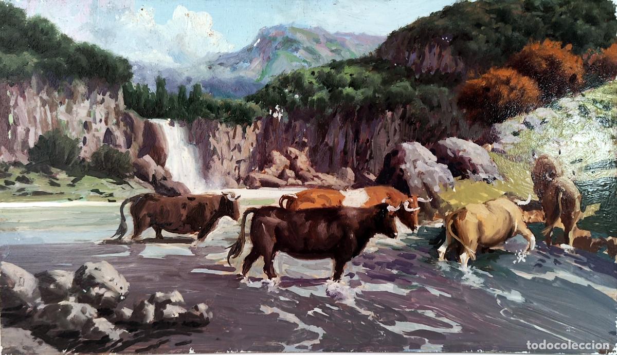 Art: &Oacute;leo sobre tabla. Paisaje con ganado cruzando r&iacute;o. An&oacute;nimo