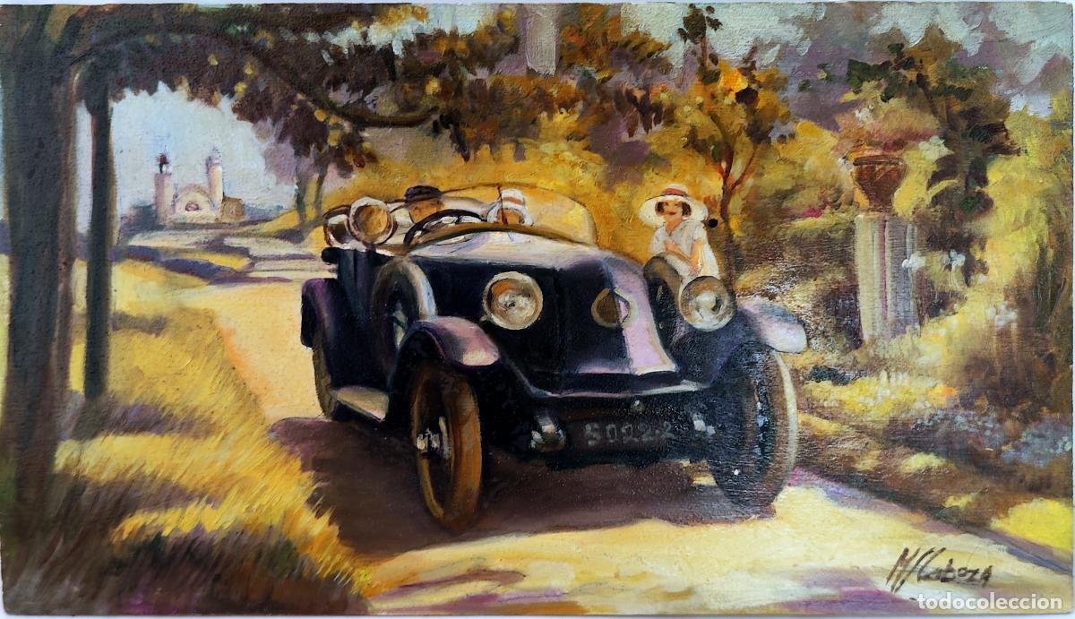 Art: Oleo sobre tabla. Coche cl&aacute;sico en carretera. M Cabezas. 33 x 19 cm