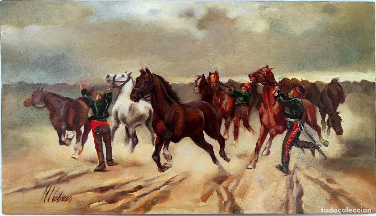 Arte: &Oacute;leo sobre tabla. Caballos y ganaderos. M Cabezas. 33 x 19 cm