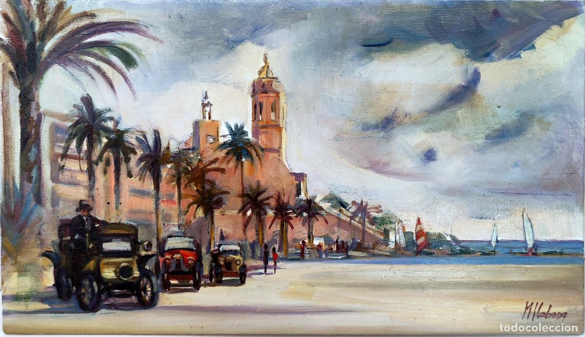 Arte: &Oacute;leo sobre tabla. Paisaje mar&iacute;timo con autos antiguos. M Cabezas. 33x19 cm