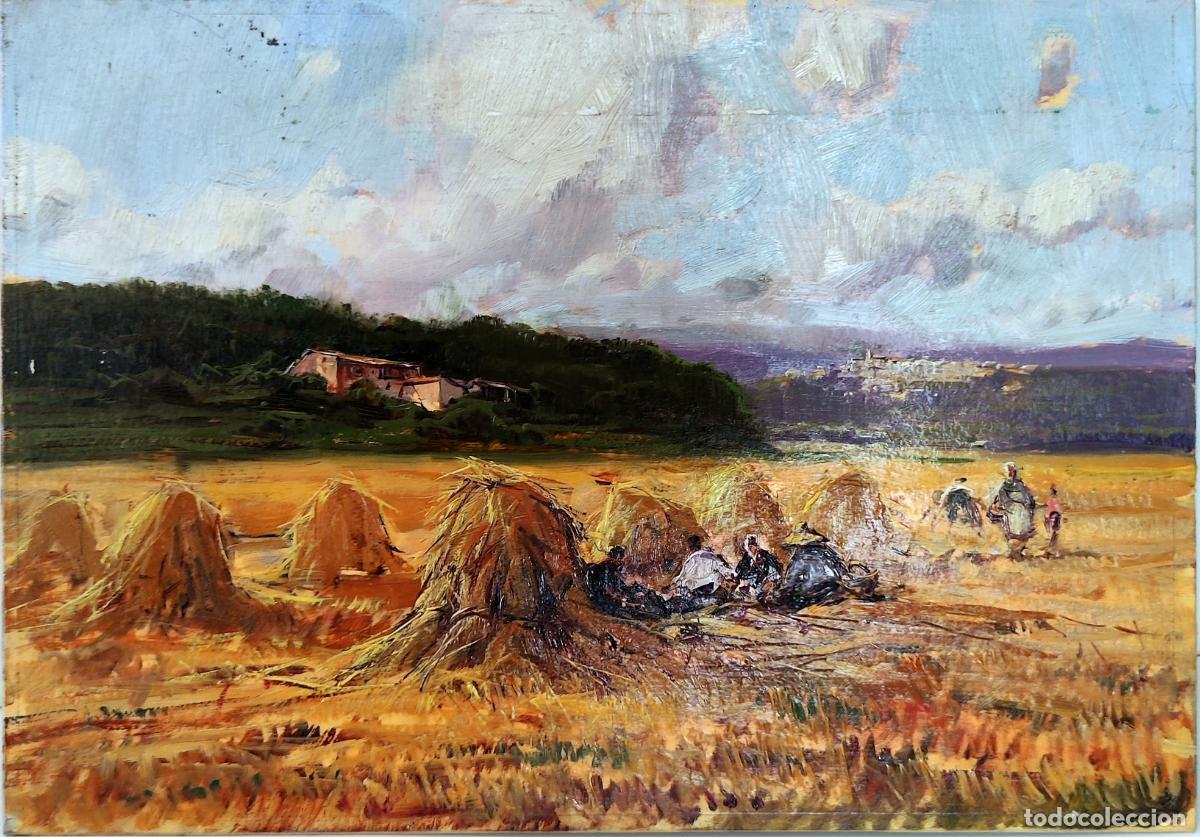 Arte: Oleo sobre tablex. Paisaje rural con segadores. Anonimo. 33 x 23 cm