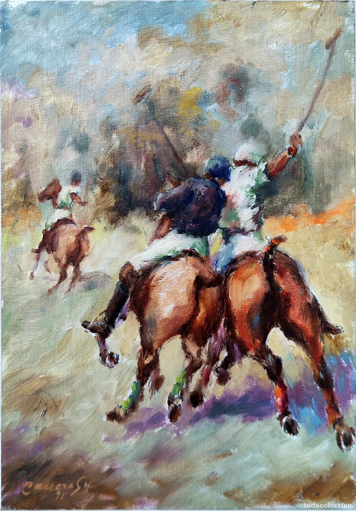 Arte: &Oacute;leo sobre tabla de Carrera. Caballos y jinetes. 23 x 33 cm