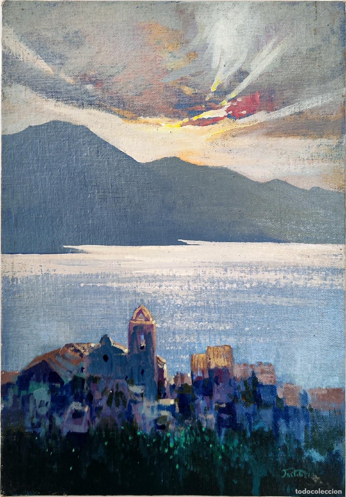 Arte: &Oacute;leo sobre tabla. Paisaje marino y pueblo. Obra de Bartolo. 23 x 33 cm
