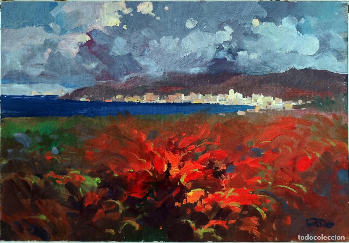 Arte: Oleo sobre tabla. Paisaje marino con vegetaci&oacute;n roja. Autor Bartolo. 33x23 cm.