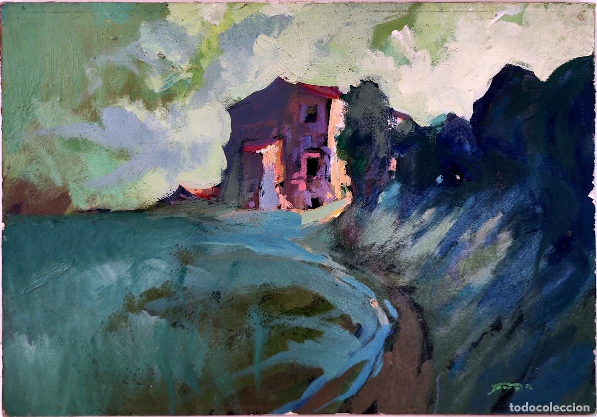 Arte: &Oacute;leo sobre tabla. Paisaje con casa. Autor Bartolo. 33 x 23 cm
