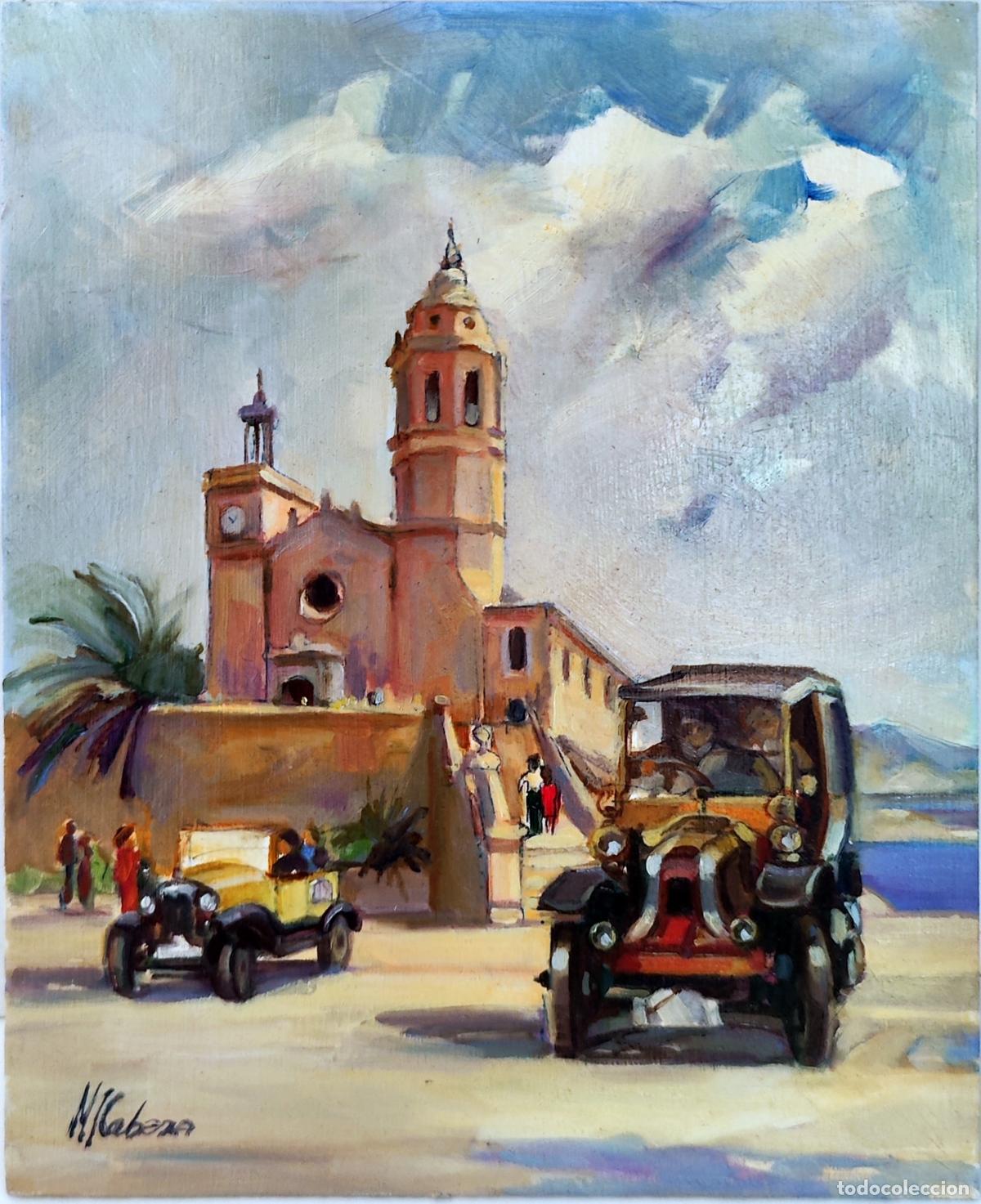 Arte: &Oacute;leo de M. Cabezas. Paisaje con iglesia y coches antiguos. 22x27 cm