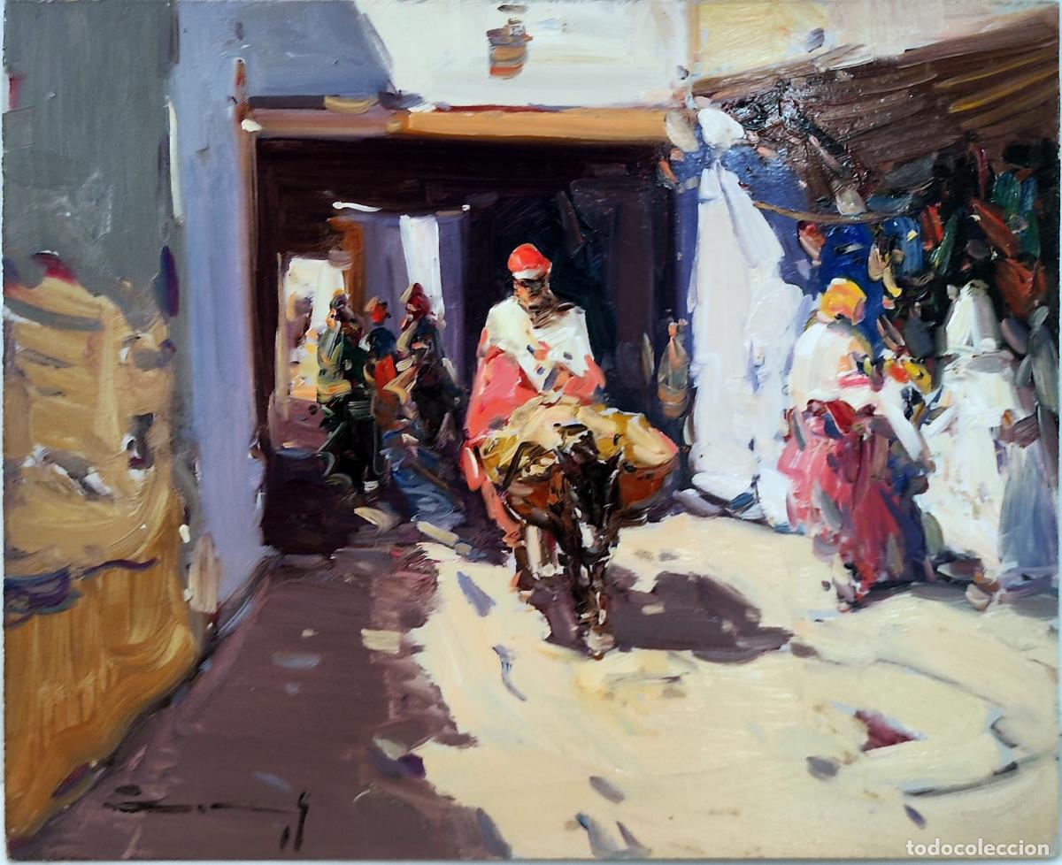 Arte: &Oacute;leo sobre tabla de Gabriel Casarrubios. Calle con figuras. 27 x 22 cm