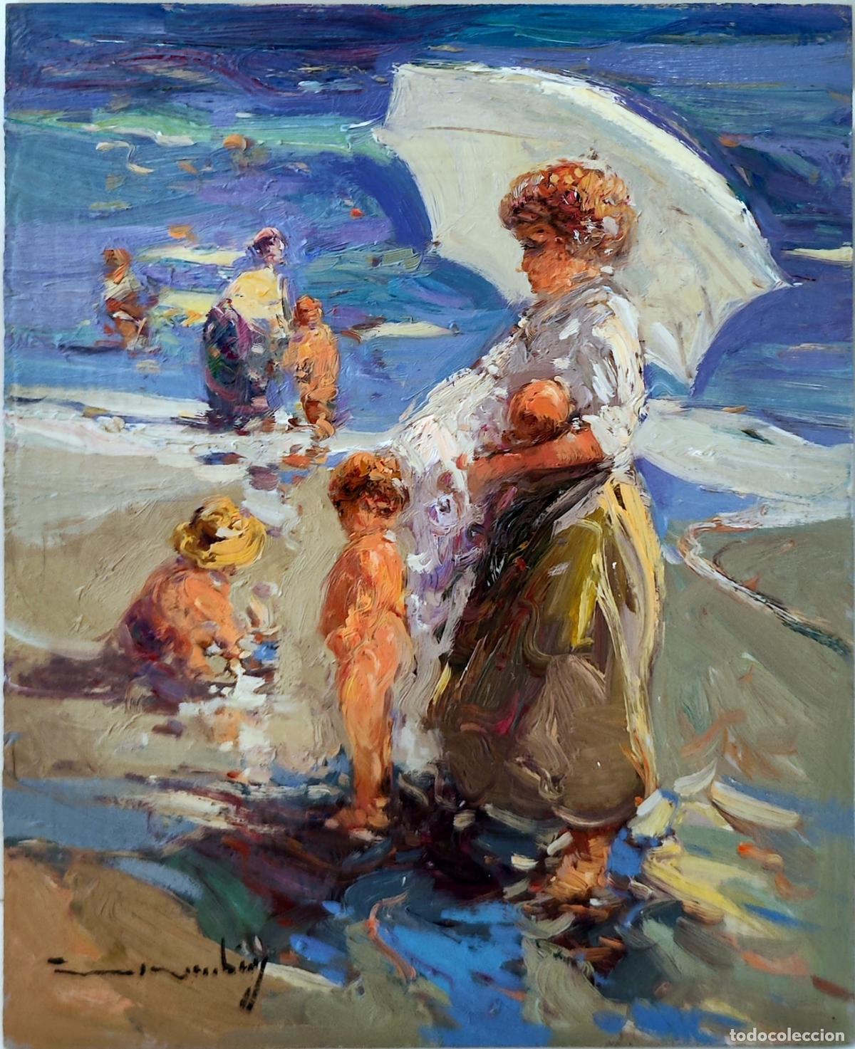 Arte: Oleo sobre tabla de Gabriel Casarrubios. Familia en la playa. 22 x 27 cm