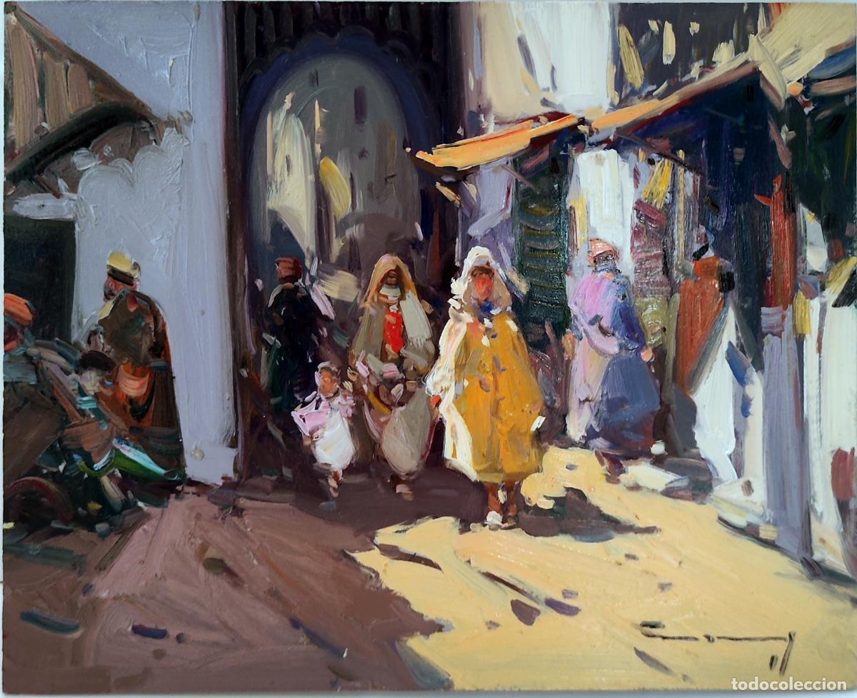 Arte: Oleo sobre tabla de Gabriel Casarrubios. Calle con figuras. 27x22 cm