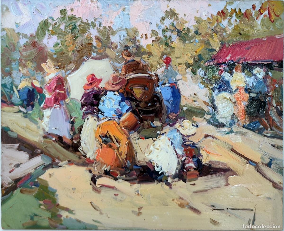 Arte: &Oacute;leo sobre tabla de Gabriel Casarrubios. Escena de feria. 27 x 22 cm