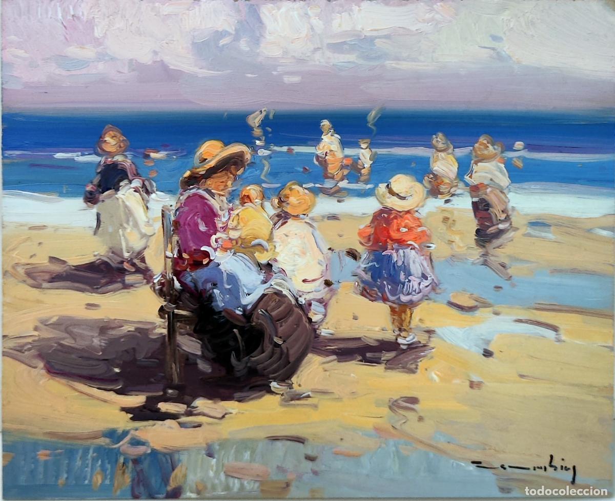 Arte: Oleo sobre tabla. Playa con figuras. Gabriel Casarrubios. 27 x 22 cm