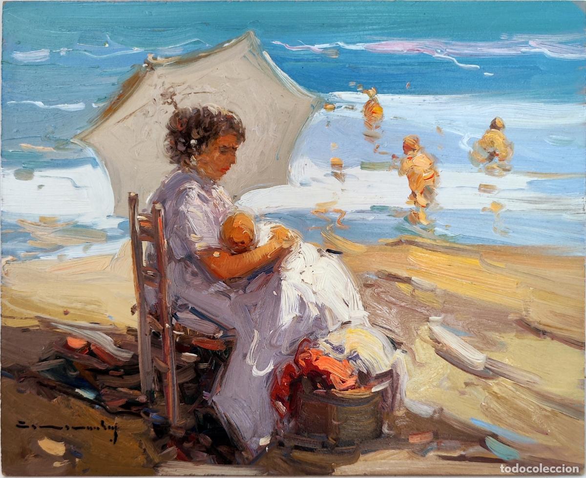 Arte: &Oacute;leo sobre tabla. Playa con mujer y ni&ntilde;os. Firmado Gabriel Casarrubios. 27x22 cm